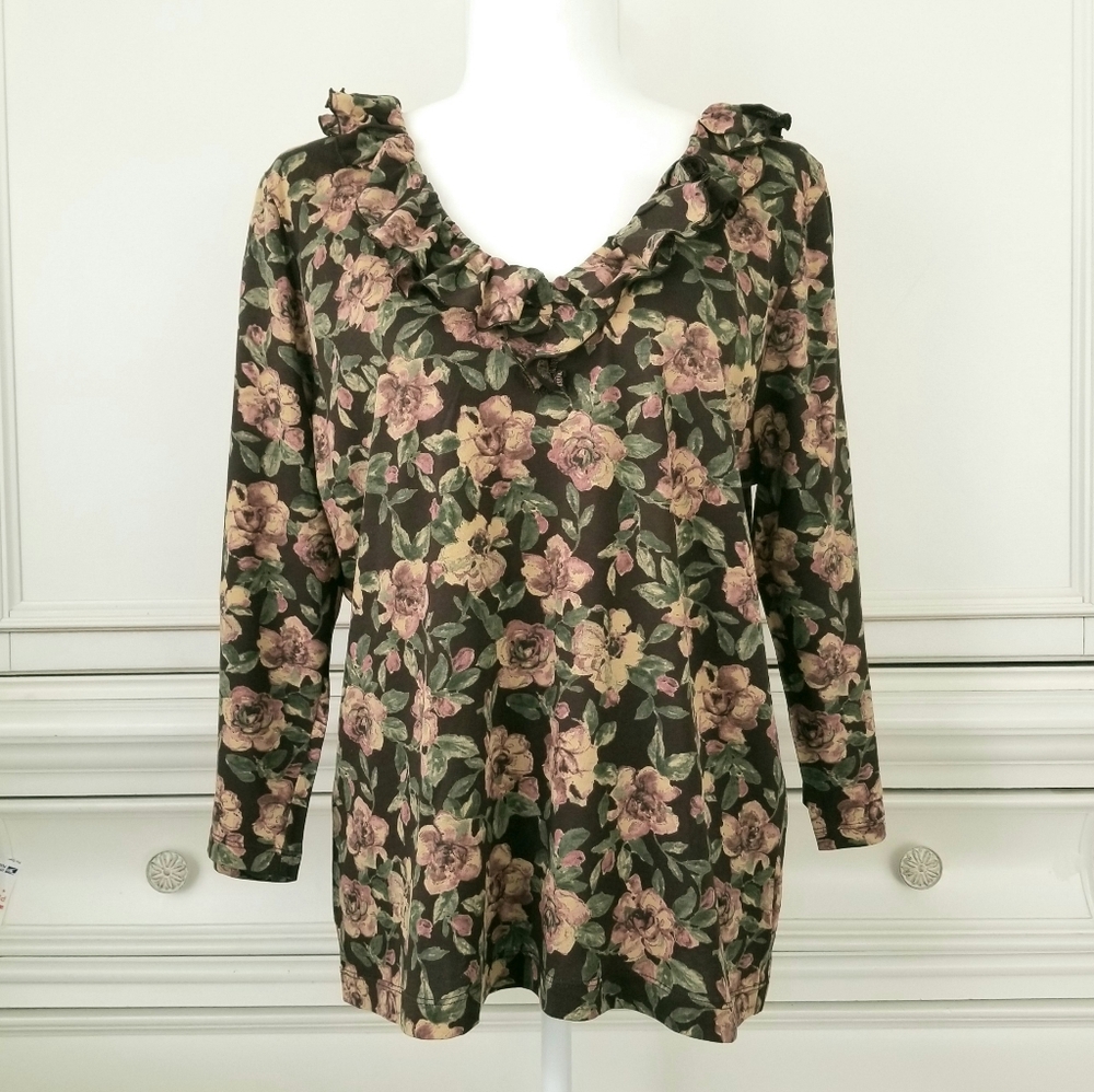 Chaps Brown Autumn Floral Roses Ruffle V Neck 3/4 Sleeve Jersey Knit Top XL NWT
